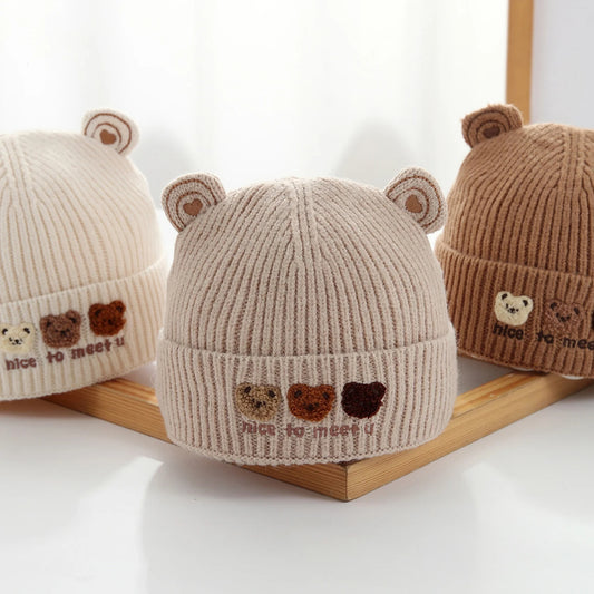 Cute Bear Beanie for Baby Warm Pullover Cap 3-15Month Newborn Woolen Knit Hat Winter Kids Crochet Bonnet Boy Girl Ear Protection