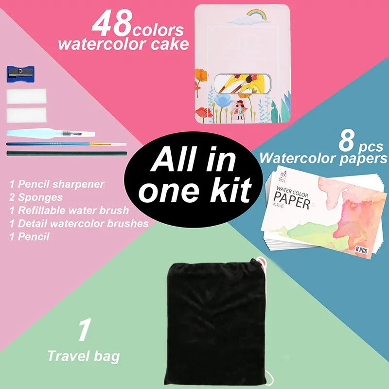 Watercolor Painting  48 Colors Solid Water Color Paint With Brush&Paper Drawing Set Art Supplies for Artists Beginner