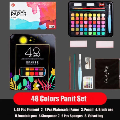 Watercolor Painting  48 Colors Solid Water Color Paint With Brush&Paper Drawing Set Art Supplies for Artists Beginner