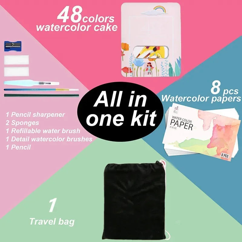 Watercolor Painting  48 Colors Solid Water Color Paint With Brush&Paper Drawing Set Art Supplies for Artists Beginner