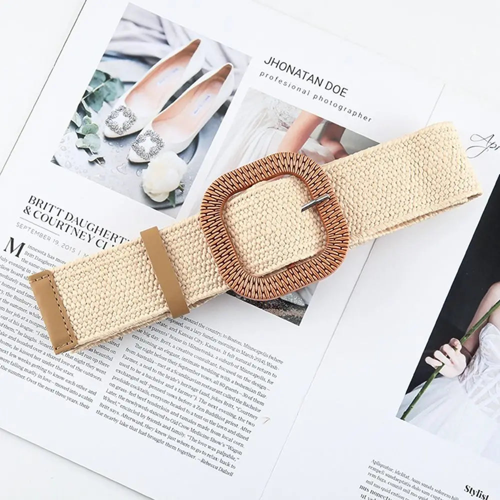 Woven Straw Wide Waist Belt