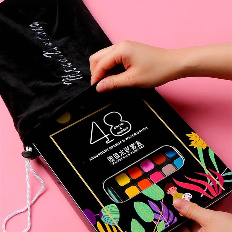 Watercolor Painting  48 Colors Solid Water Color Paint With Brush&Paper Drawing Set Art Supplies for Artists Beginner