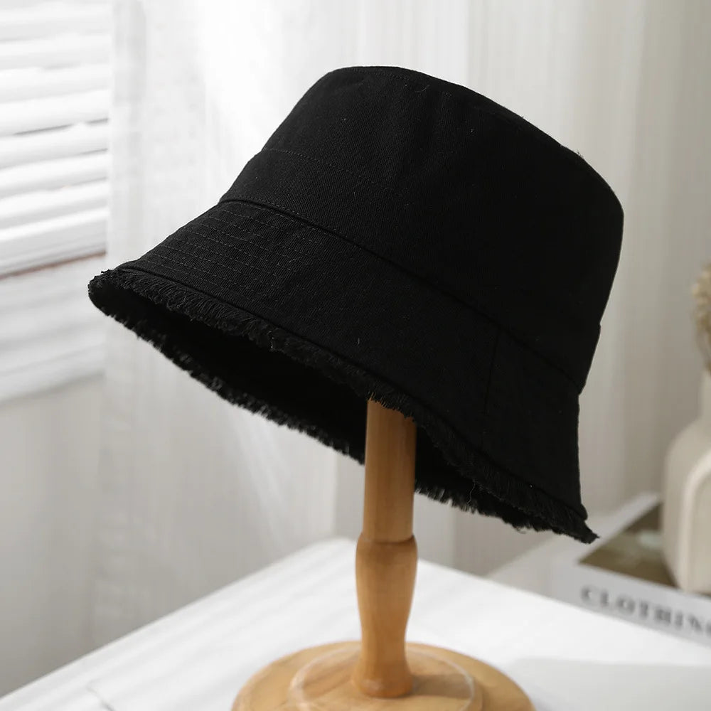 Bucket Hat Women Spring Summer Cloth Tassel Brim Flat Top Sun Hat Women Outdoor Sunshade Solid Foldable Casual New