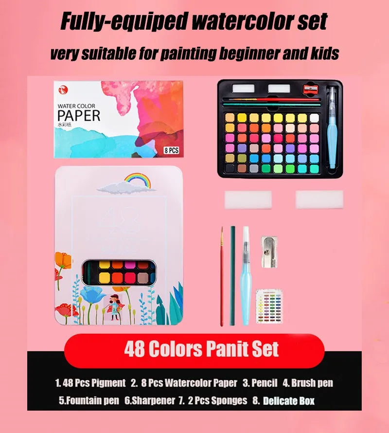 Watercolor Painting  48 Colors Solid Water Color Paint With Brush&Paper Drawing Set Art Supplies for Artists Beginner