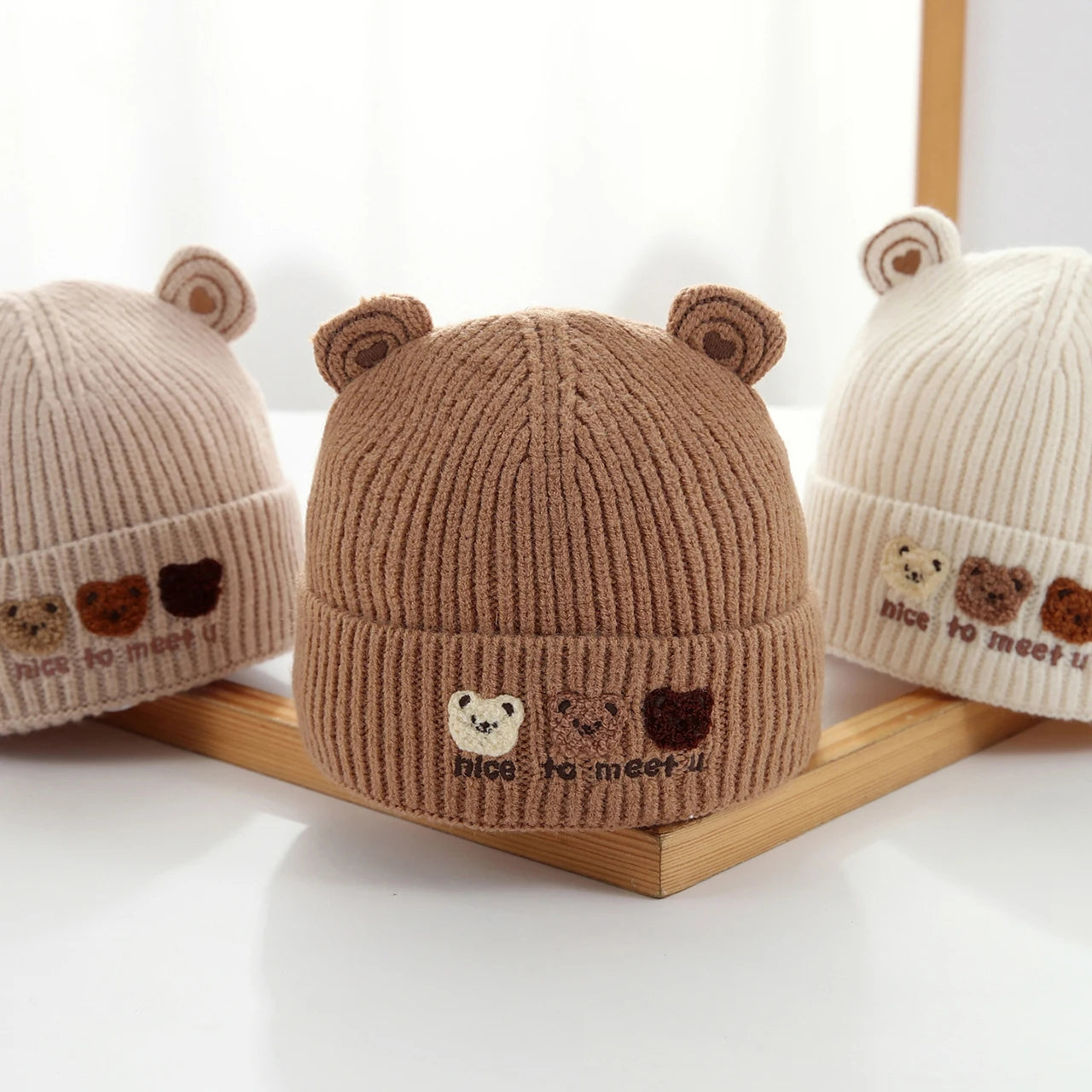Cute Bear Beanie for Baby Warm Pullover Cap 3-15Month Newborn Woolen Knit Hat Winter Kids Crochet Bonnet Boy Girl Ear Protection