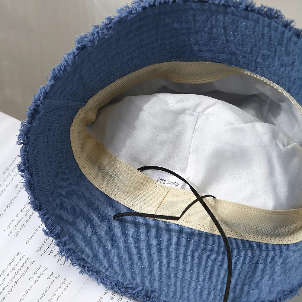 Bucket Hat Women Spring Summer Cloth Tassel Brim Flat Top Sun Hat Women Outdoor Sunshade Solid Foldable Casual New