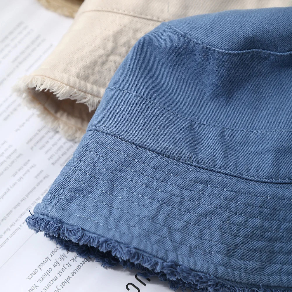 Bucket Hat Women Spring Summer Cloth Tassel Brim Flat Top Sun Hat Women Outdoor Sunshade Solid Foldable Casual New