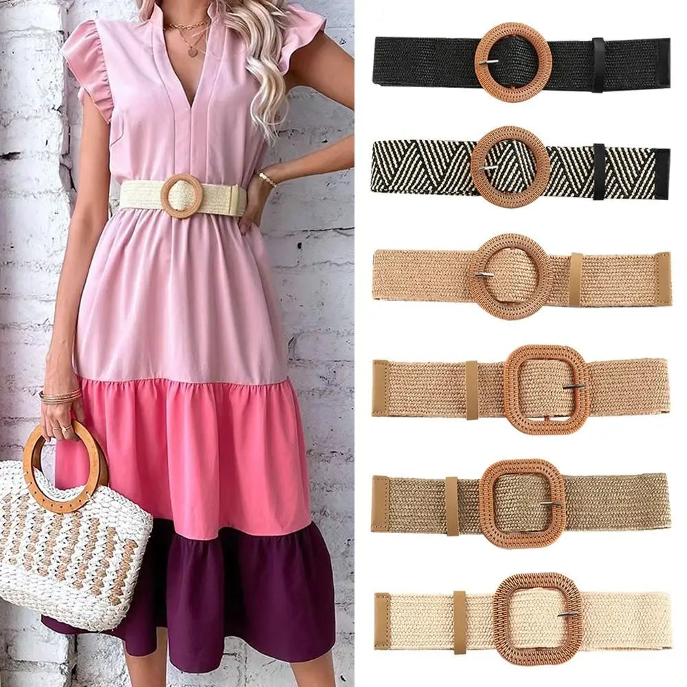 Woven Straw Wide Waist Belt