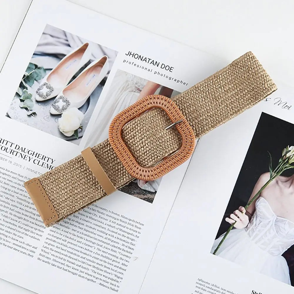 Woven Straw Wide Waist Belt