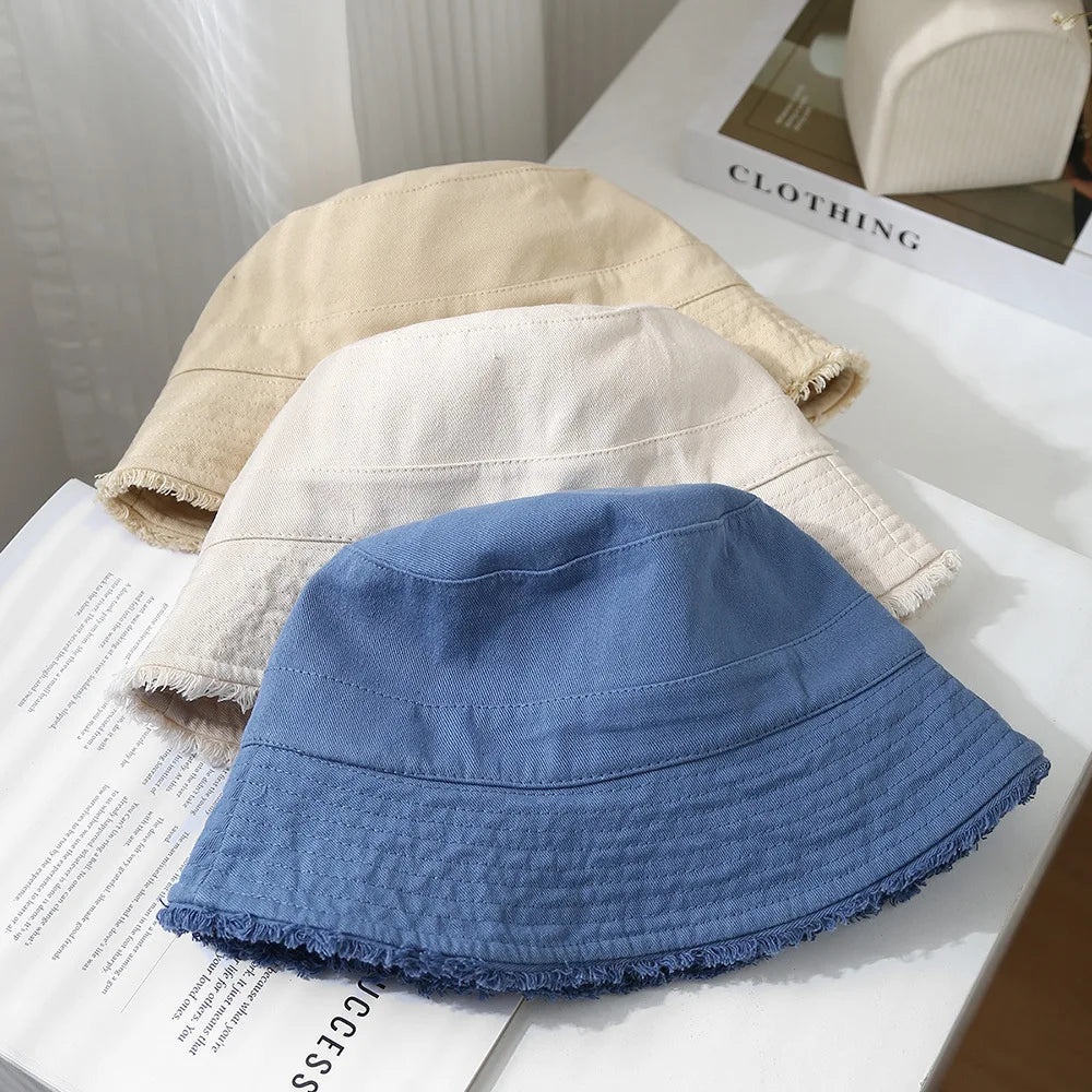 Bucket Hat Women Spring Summer Cloth Tassel Brim Flat Top Sun Hat Women Outdoor Sunshade Solid Foldable Casual New