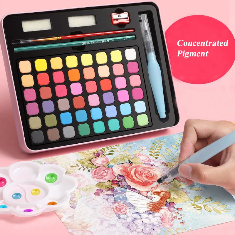 Watercolor Painting  48 Colors Solid Water Color Paint With Brush&Paper Drawing Set Art Supplies for Artists Beginner