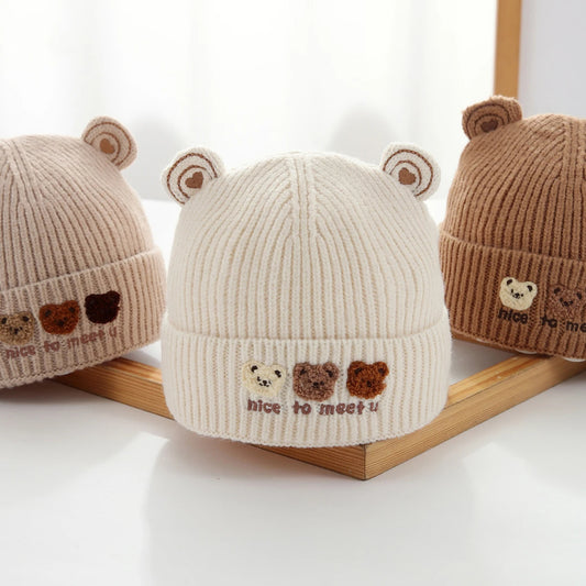 Cute Bear Beanie for Baby Warm Pullover Cap 3-15Month Newborn Woolen Knit Hat Winter Kids Crochet Bonnet Boy Girl Ear Protection