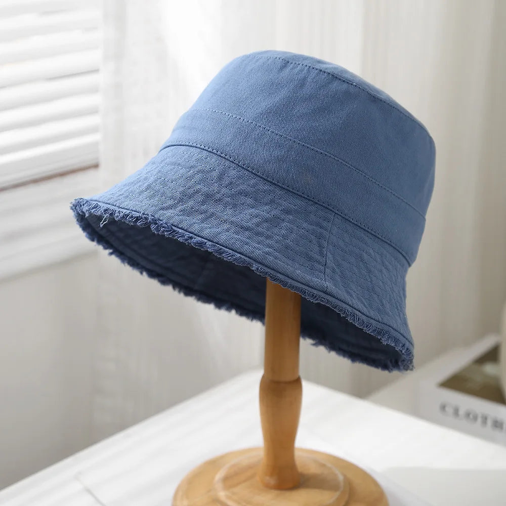 Bucket Hat Women Spring Summer Cloth Tassel Brim Flat Top Sun Hat Women Outdoor Sunshade Solid Foldable Casual New