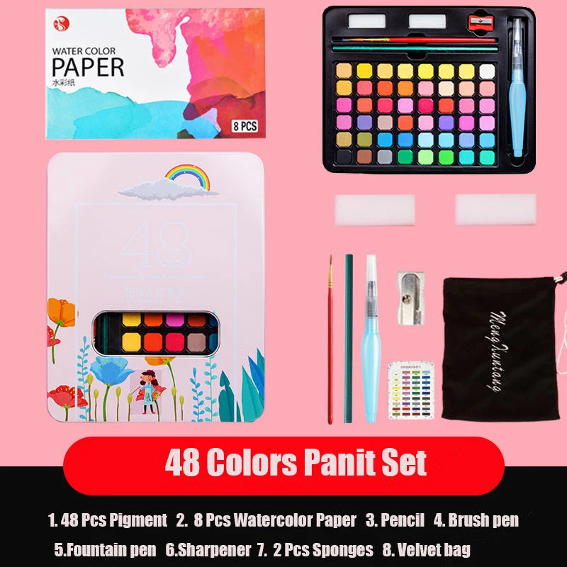 Watercolor Painting  48 Colors Solid Water Color Paint With Brush&Paper Drawing Set Art Supplies for Artists Beginner